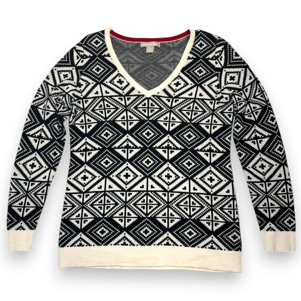 Banana Republic Cream Black Aztec Ski Geometric Graphic V-Neck Sweater Large